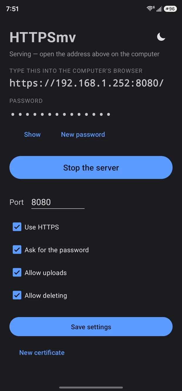 Running, in dark mode. The address is live and the server is serving; press the moon to switch back to light.