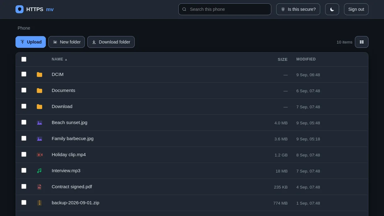The same in dark mode, which follows the computer’s own setting or can be switched by hand.