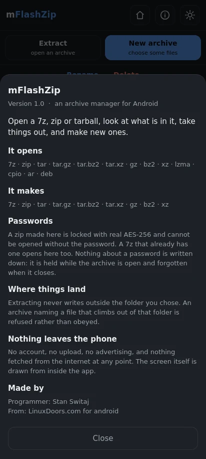 In dark mode. What it opens, what it makes, and what it will not do — said plainly, inside the app.