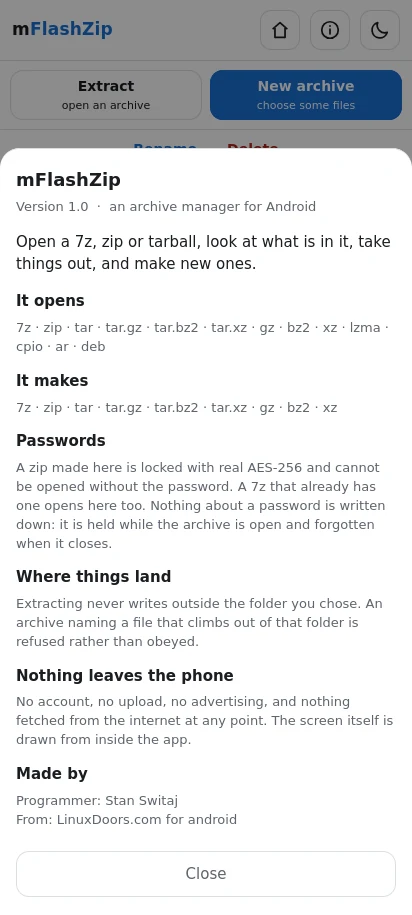 What it opens, what it makes, and what it will not do — said plainly, inside the app.