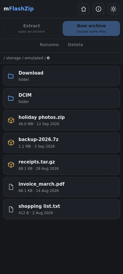 In dark mode. Your files, with archives picked out from the rest. Tap an archive to look inside it, or tap a file to choose it.