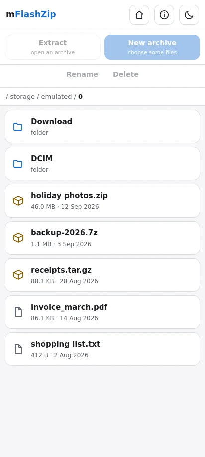 Your files, with archives picked out from the rest. Tap an archive to look inside it, or tap a file to choose it.