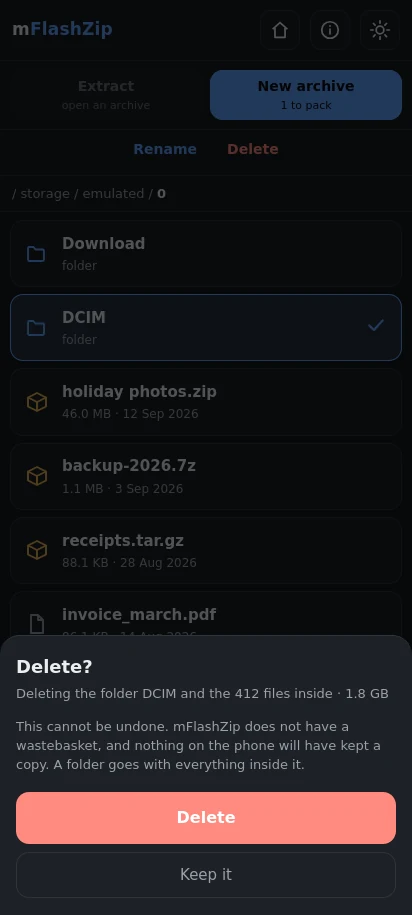 In dark mode. Deleting asks a question worth answering: what is in the folder, and how much, before anything goes.