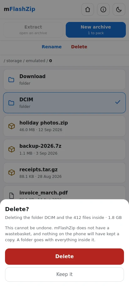 Deleting asks a question worth answering: what is in the folder, and how much, before anything goes.