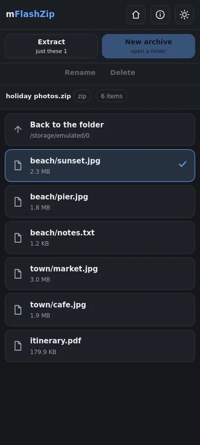 In dark mode. Inside an archive. Take everything out, or choose one file and take only that.