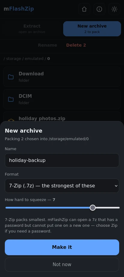 In dark mode. Making a new one. Pick the format, set how hard to squeeze, add a password if the format can carry one.