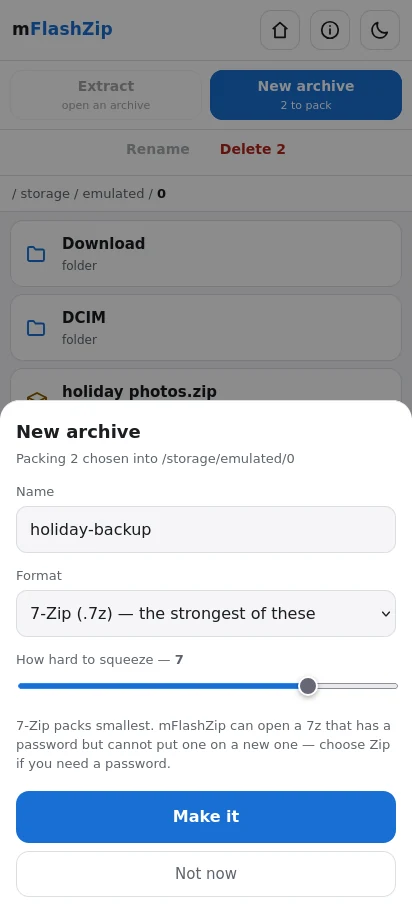 Making a new one. Pick the format, set how hard to squeeze, add a password if the format can carry one.