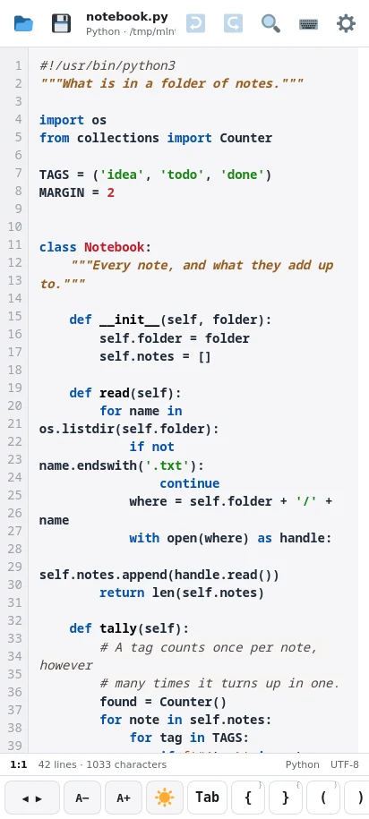 A Python file, coloured by Lexilla -- the same lexers the desktop runs. Line numbers sit beside the line they belong to, even where one has wrapped.