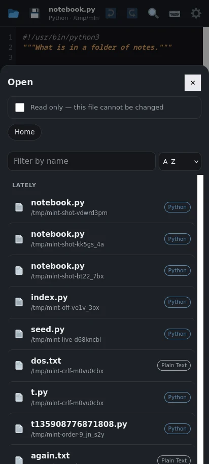 In dark mode. A language's colour is lifted until it can be read against the dark, so navy and maroon do not disappear.