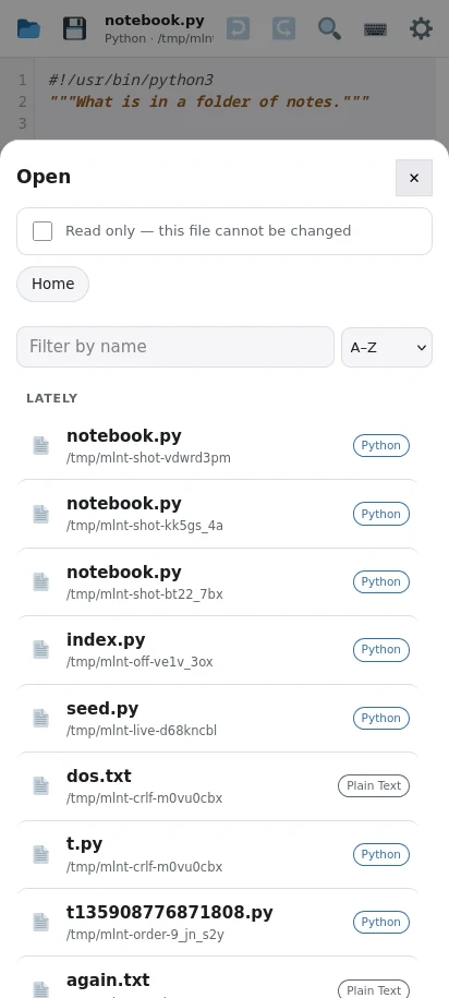 The file picker: where you were lately, places to jump to, a filter and a sort. Files already open are listed at the top, with a lock beside any opened to read.