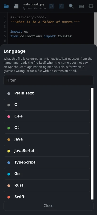 In dark mode. Apache against nginx, Kotlin, Rust, Makefiles -- and it will read a file to tell two apart when the name does not say.