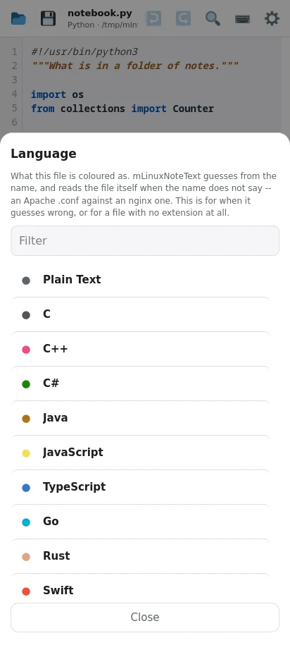 Fifty-three languages, with a filter. It works out the language from the file, and you can tell it otherwise by tapping the name in the toolbar.