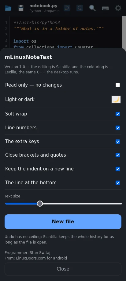 In dark mode. Undo has no ceiling: Scintilla keeps the whole history for as long as the file is open.