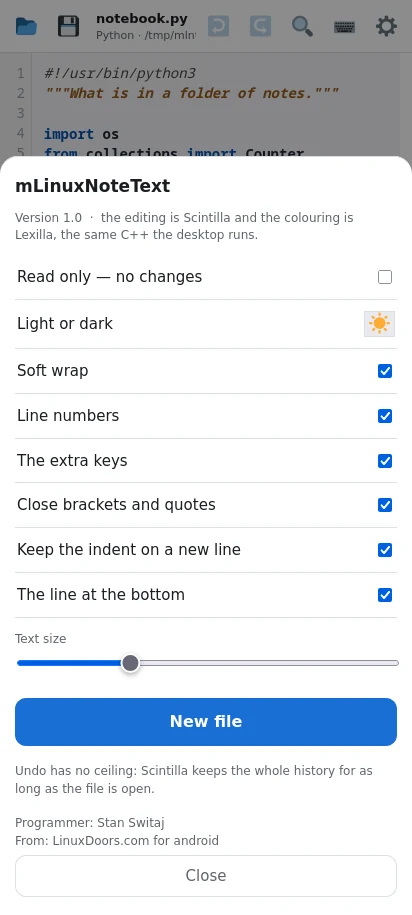 Read only is a switch on whatever file is open, either way. Soft wrap, line numbers, the extra keys, bracket closing and indent, all as you like them.