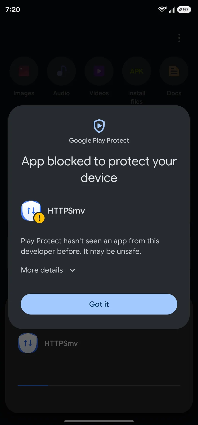 Play Protect saying the app is blocked, with a More details link